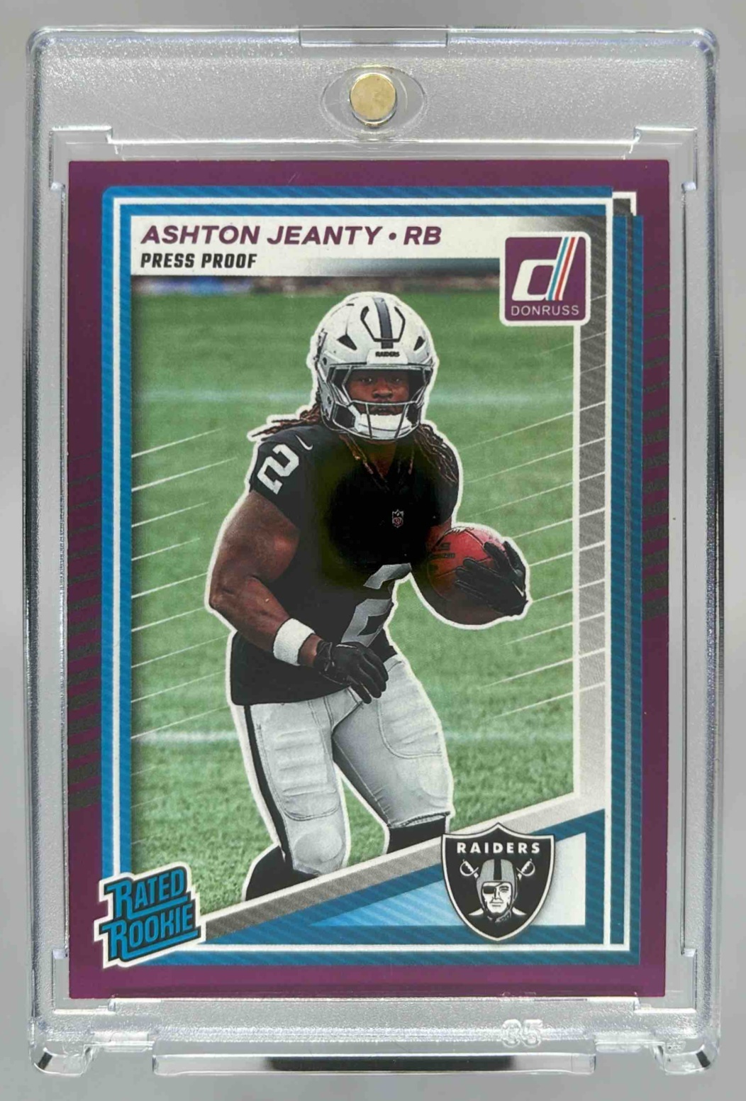 Card image for 2025 Panini Donruss Ashton Jeanty Rated Rookie Press Proof Purple #305 RC Raiders