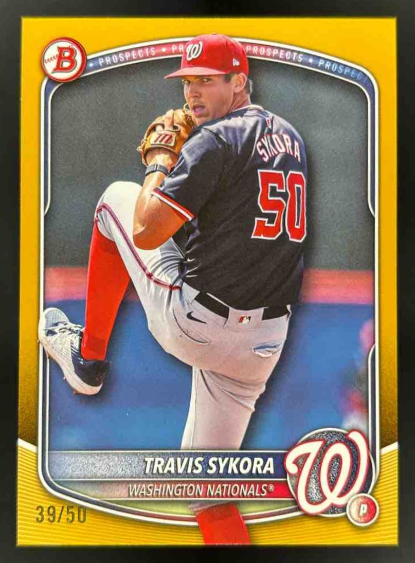 Card image for 2025 Bowman Draft Travis Sykora Gold Border /50 #BD-137 Nationals