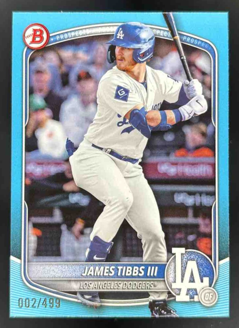 Card image for 2025 Bowman Draft James Tibbs III Sky Blue Border /499 #BD-74 Dodgers