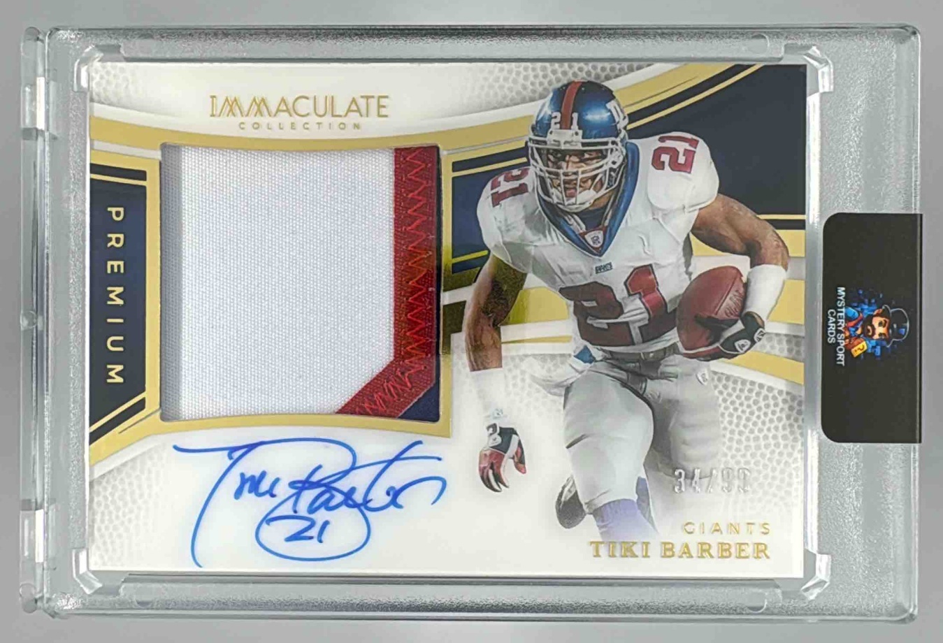 Card image for 2024 Panini National Treasures Tiki Barber Century Materials /99 #CM-TBR MEM Giants