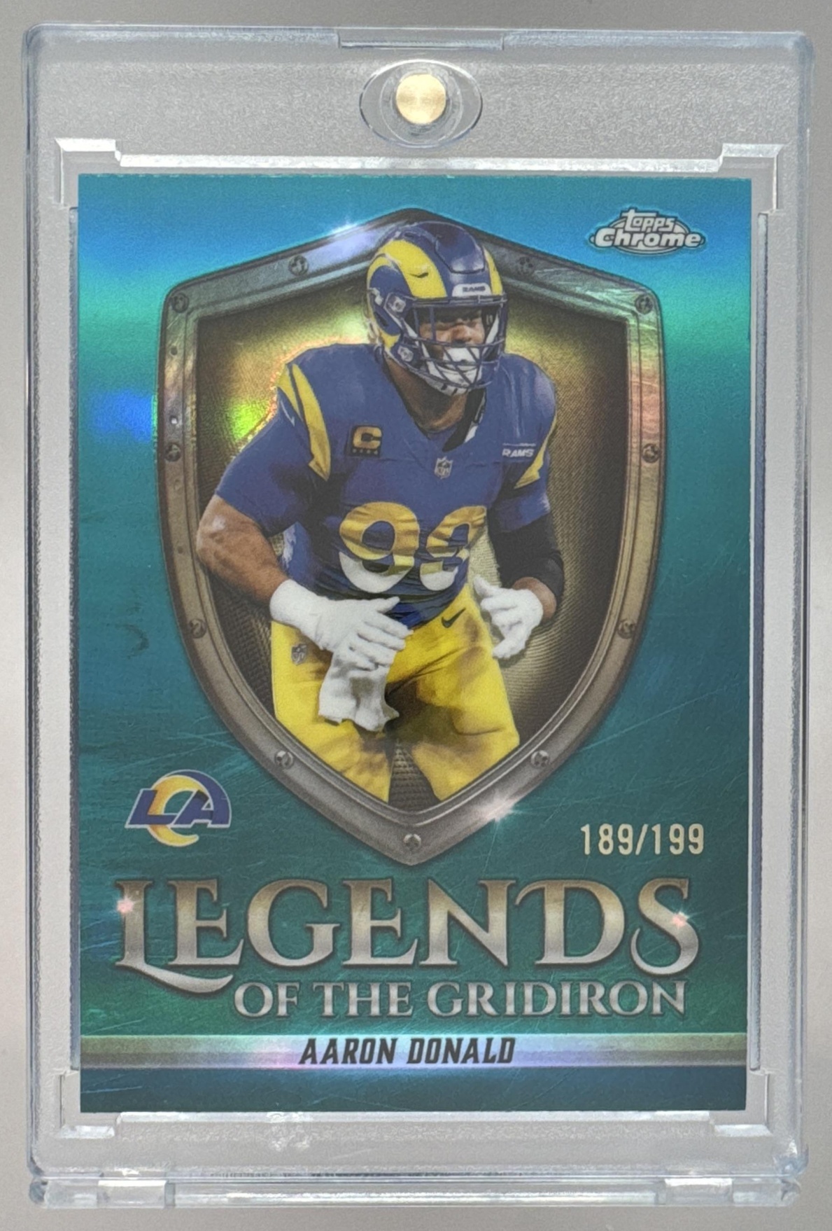 Card image for 2025 Topps Chrome Aaron Donald Legends of the Gridiron Aqua Refractor /199 #LOG-40 Rams