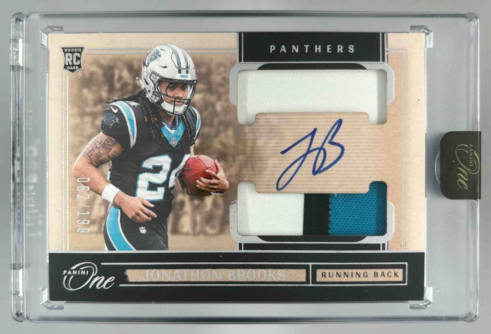 Card image for 2024 Panini One Jonathon Brooks Rookie Dual Patch Auto /179 #42 RC MEM Panthers