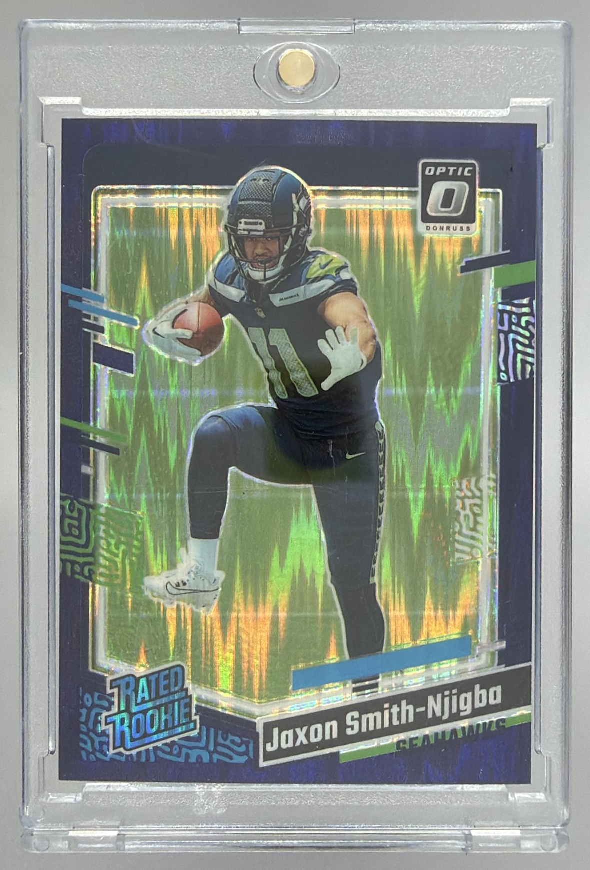 Card image for 2023 Panini Donruss Optic Jaxon Smith-Njigba Blue Scope Prizm #293 RC Rated Rookie Seahawks