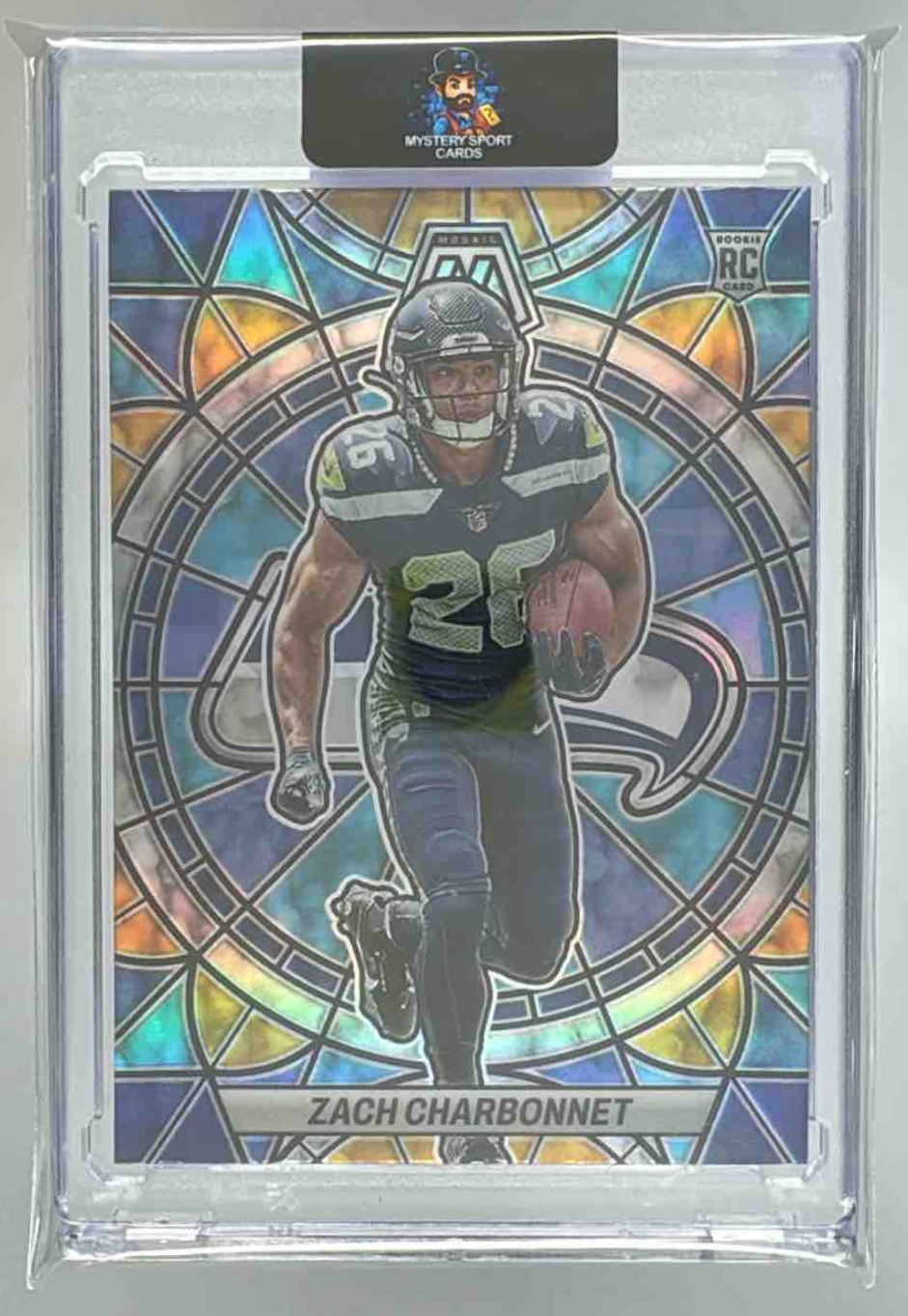 Card image for 2023 Panini Mosaic Zach Charbonnet Stained Glass #SG-27 RC Seahawks