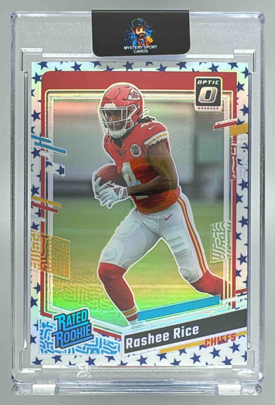 Card image for 2023 Panini Donruss Optic Rashee Rice Blue Stars Prizm #257 RC Rated Rookie Chiefs