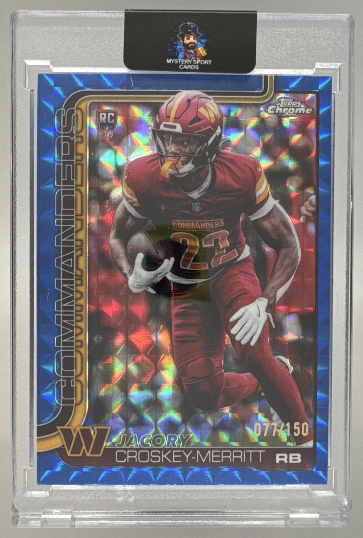 Card image for 2025 Topps Chrome Jacory Croskey-Merritt Rookie Blue Geometric Refractor /150 #387 RC Commanders