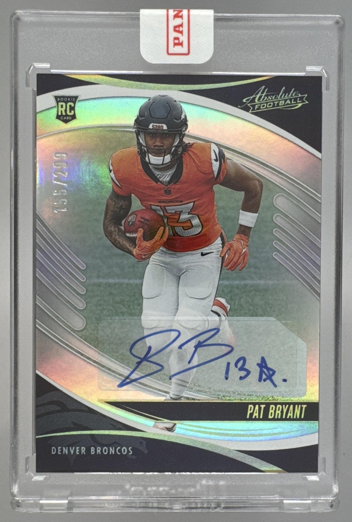 Card image for 2025 Panini Absolute Pat Bryant Signature Rookies Spectrum /299 #168 RC Auto Broncos