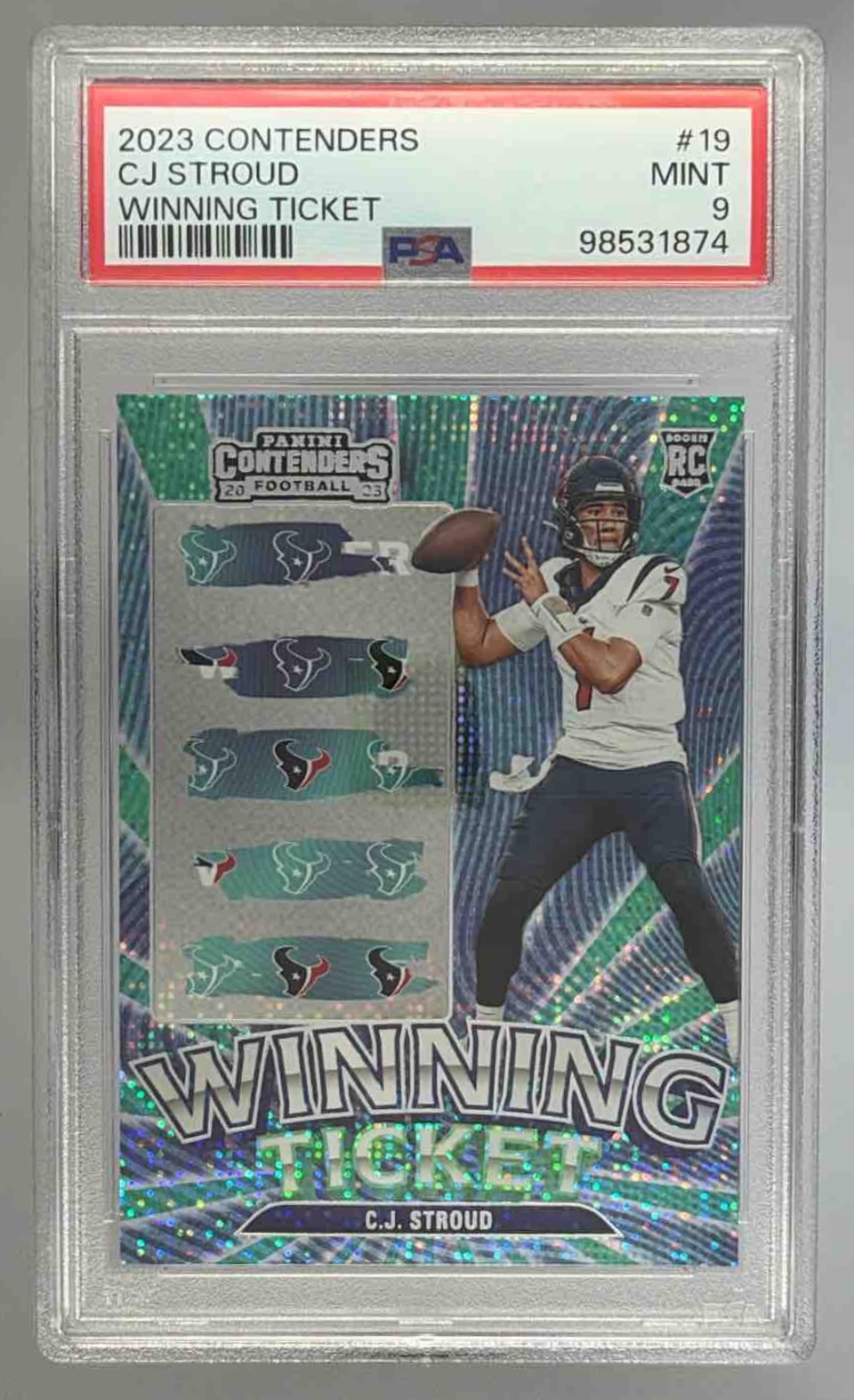 Card image for 2023 Panini Contenders C.J. Stroud Winning Ticket Cracked Ice /25 #19 RC Texans