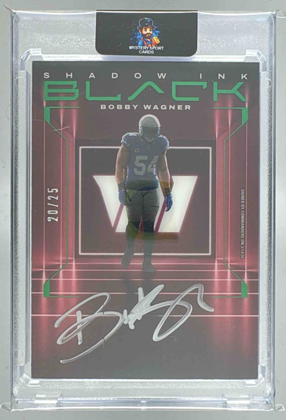 Card image for 2025 Panini Black Bobby Wagner 2024 Football - Shadow Ink Auto Emerald #2 Commanders