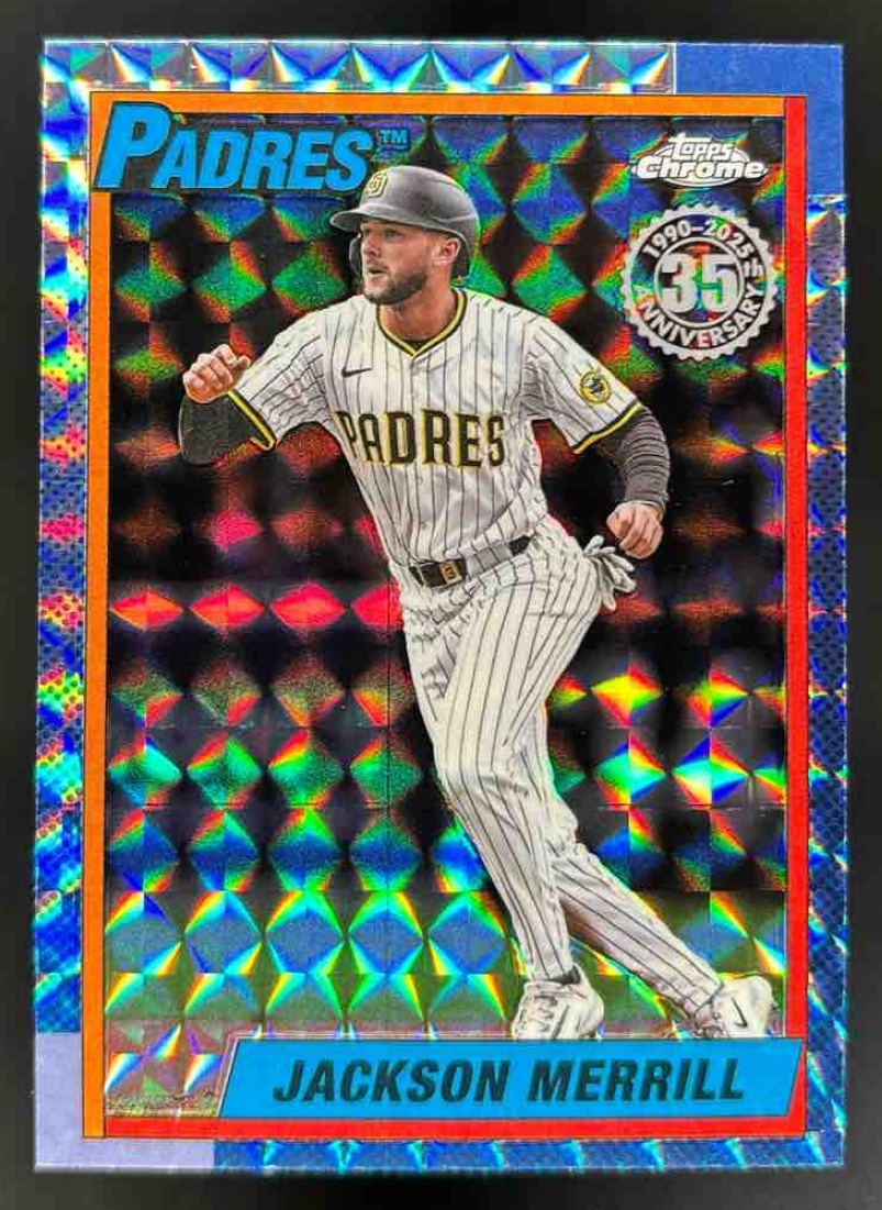 Card image for 2025 Topps Chrome Update Jackson Merrill 1990 Geometric Refractor #90CU-5 Padres