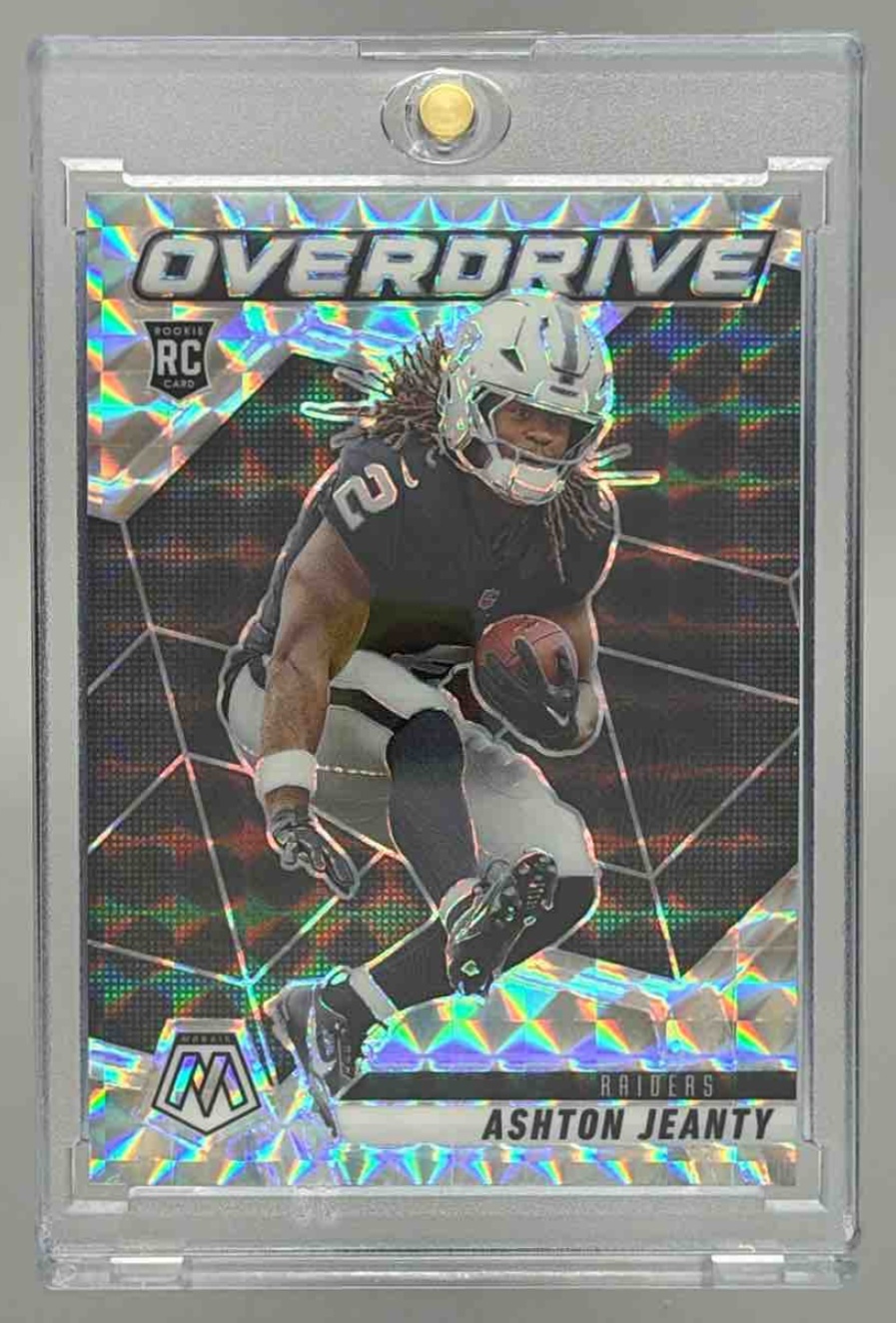 Card image for 2025 Panini Football Mosaic Ashton Jeanty Overdrive #4 RC Las Vegas Raiders