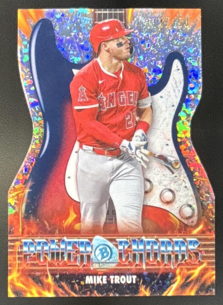Card image for 2026 Bowman Mike Trout Power Chords Chrome Mini-Diamond Refractor /150