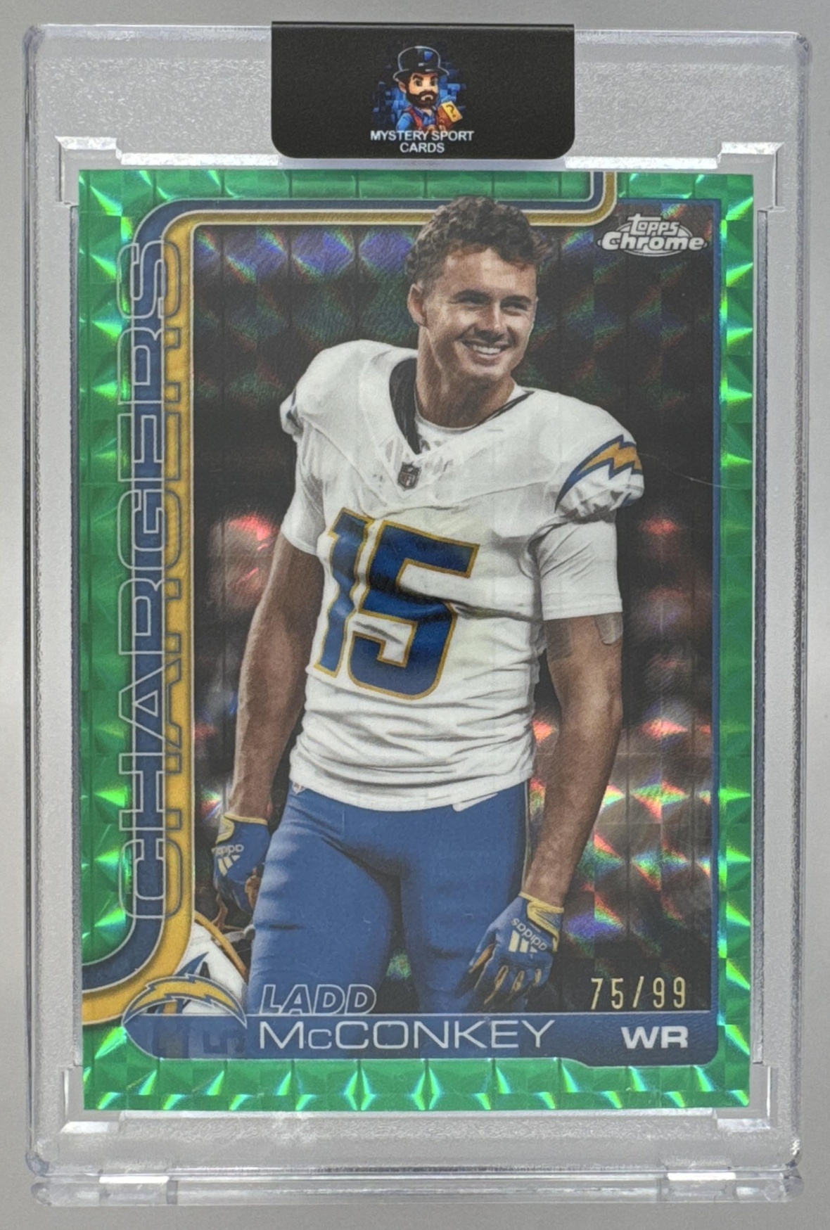 Card image for 2025 Topps Chrome Ladd McConkey Image Variation Green Geometric Refractor /99 #156 SP Chargers