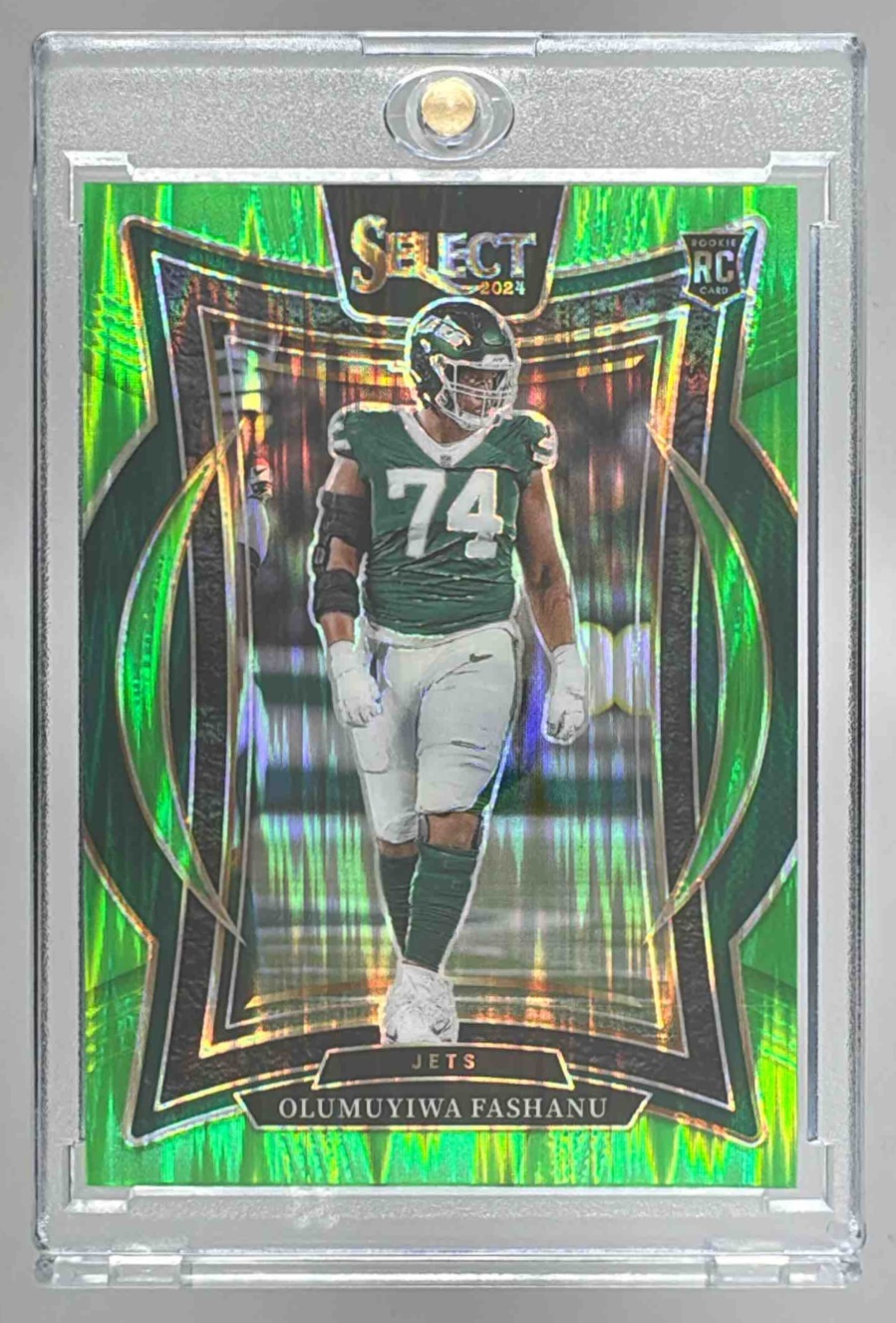 Card image for 2024 Panini Select Olumuyiwa Fashanu Concourse Neon Green Prizm Shock /599 #66 RC Jets