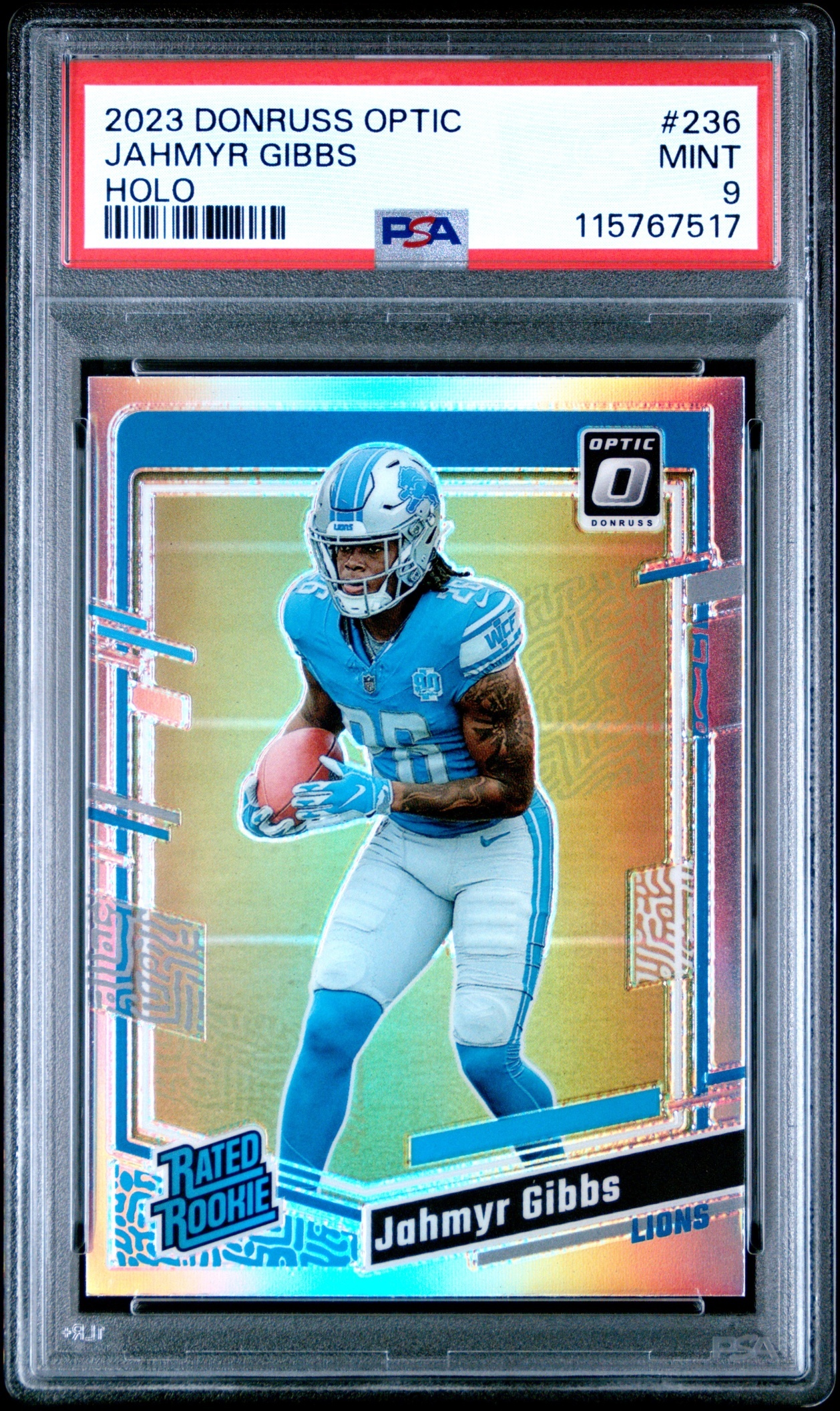 Card image for 2023 Panini Donruss Optic Jahmyr Gibbs Holo Prizm #236 RC Rated Rookie Lions
