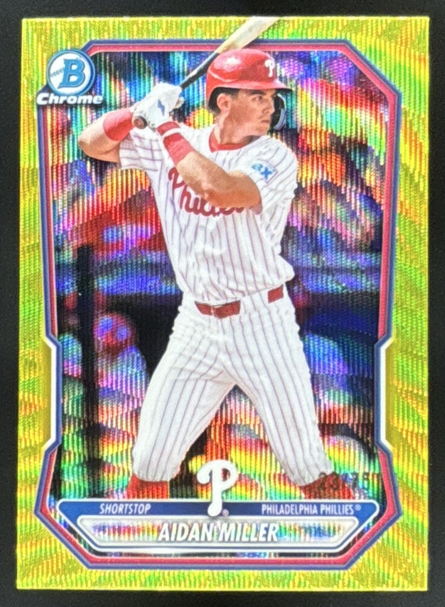 Card image for 2026 Bowman Aidan Miller Chrome Prospects Yellow Wave Refractor /75