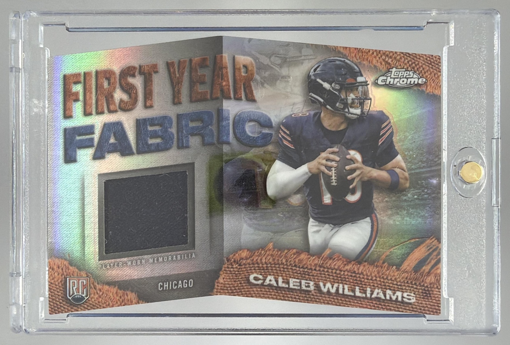 Card image for 2024 Topps Chrome Caleb Williams First Year Fabric #FYF-CW MEM RC Bears