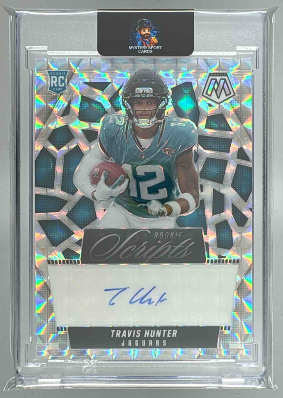 Card image for 2025 Panini Mosaic Travis Hunter Rookie Scripts #RS-THR RC Auto Jaguars