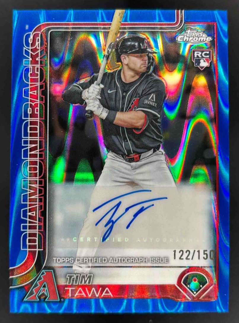 Card image for 2025 Topps Chrome Update Tim Tawa Auto Blue Raywave Refractor /150 RC