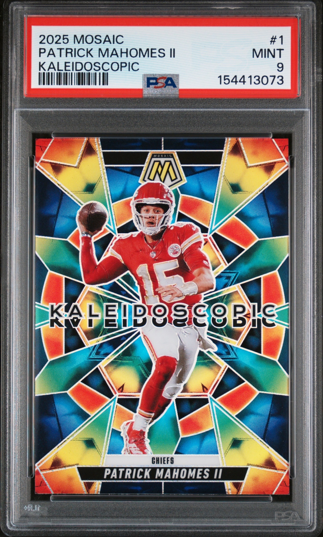 Card image for 2025 Panini Mosaic Patrick Mahomes II Kaleidoscopic #1 Chiefs PSA 9
