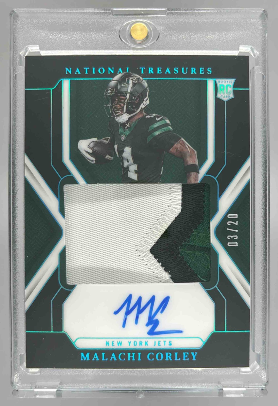 Card image for 2025 Panini National Treasures Malachi Corley 2024 Playoff Football Rookie Patch Auto Red #4 Jets