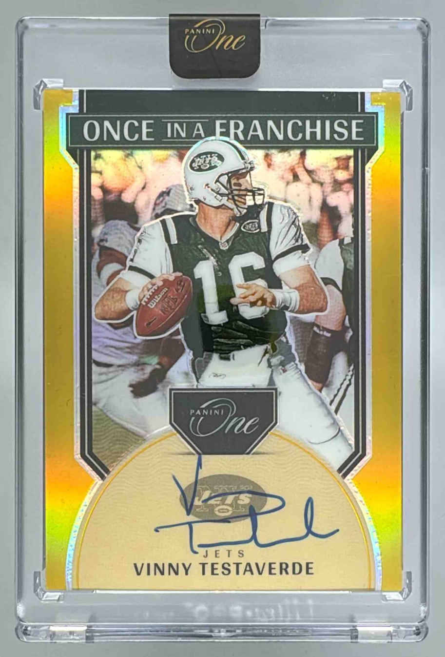 Card image for 2024 Panini One Vinny Testaverde Once in a Franchise Auto Gold /10 #346 Jets