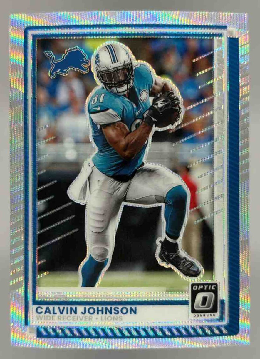 Card image for 2025 Panini Donruss Optic Calvin Johnson Wave Prizm /300 #19 Lions