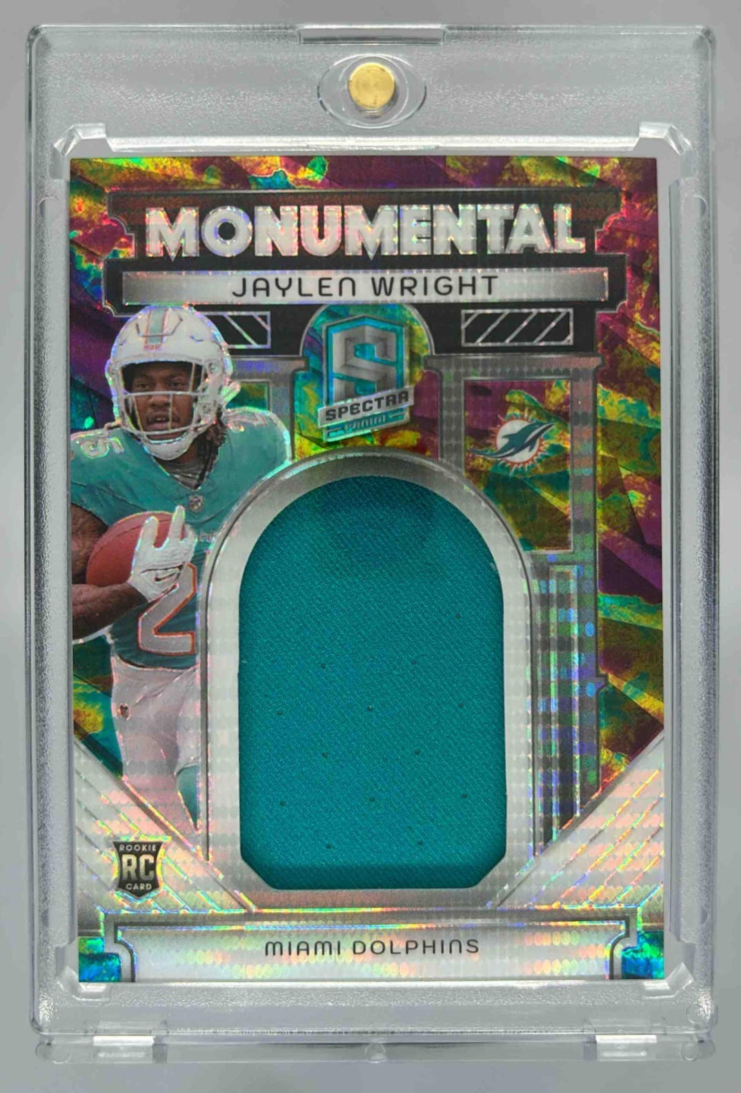 Card image for 2024 Panini Spectra Jaylen Wright Monumental Memorabilia Celestial /75 #MM-JWT RC Dolphins