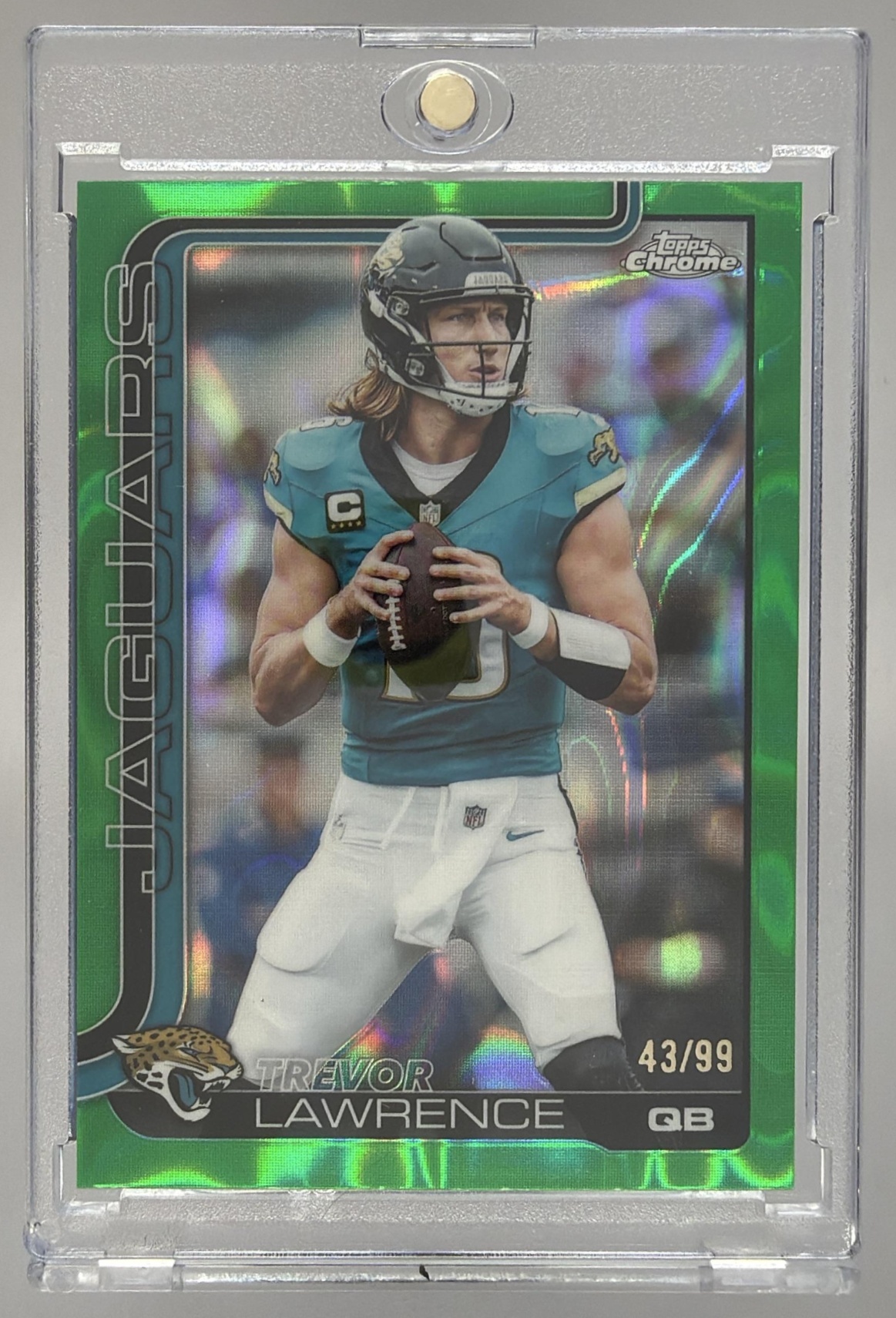Card image for 2025 Topps Chrome Trevor Lawrence Green Wave Refractor /99 #138 Jaguars