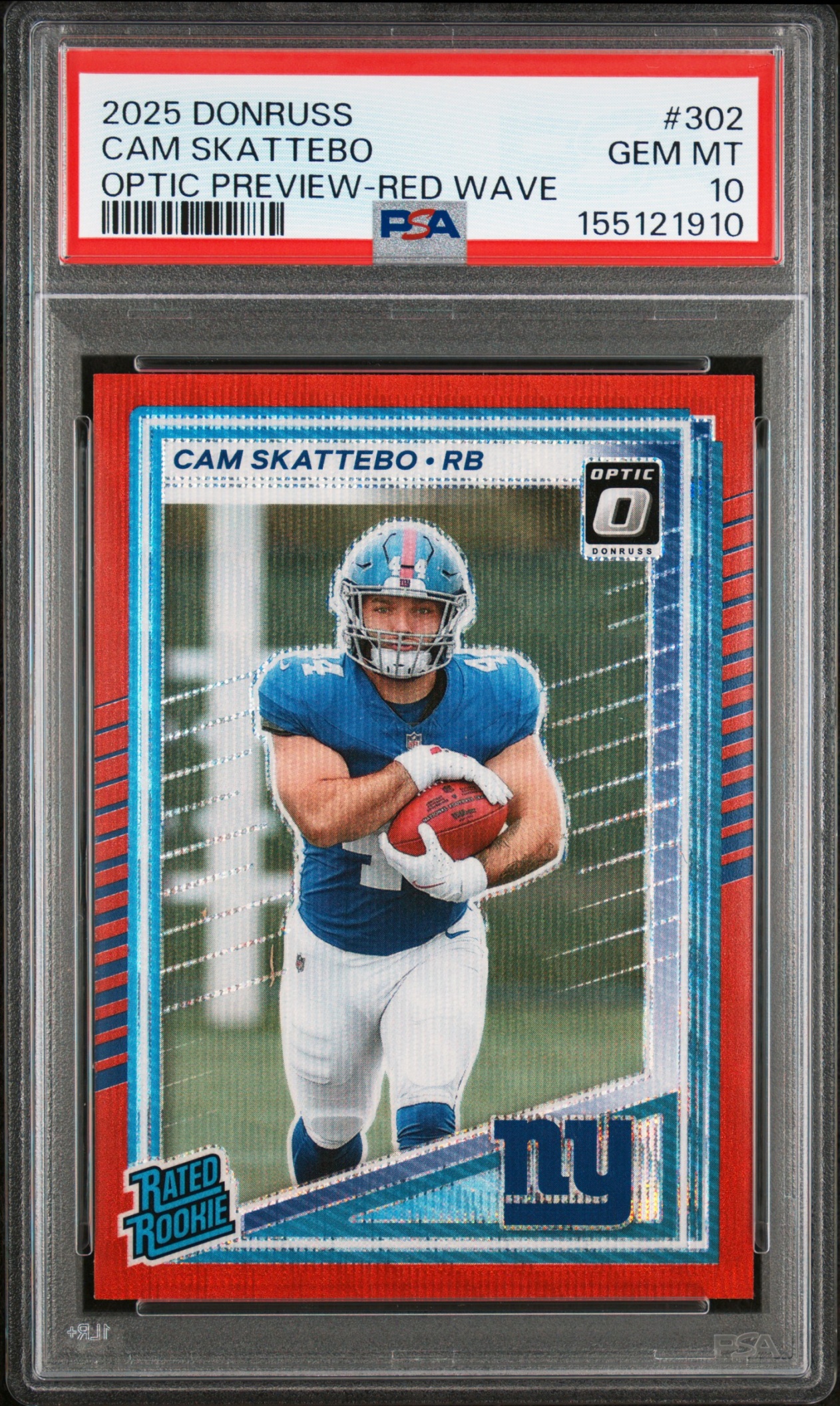 Card image for 2025 Panini Donruss Cam Skattebo Optic Rated Rookie Preview Red Wave #302 RC Giants PSA 10