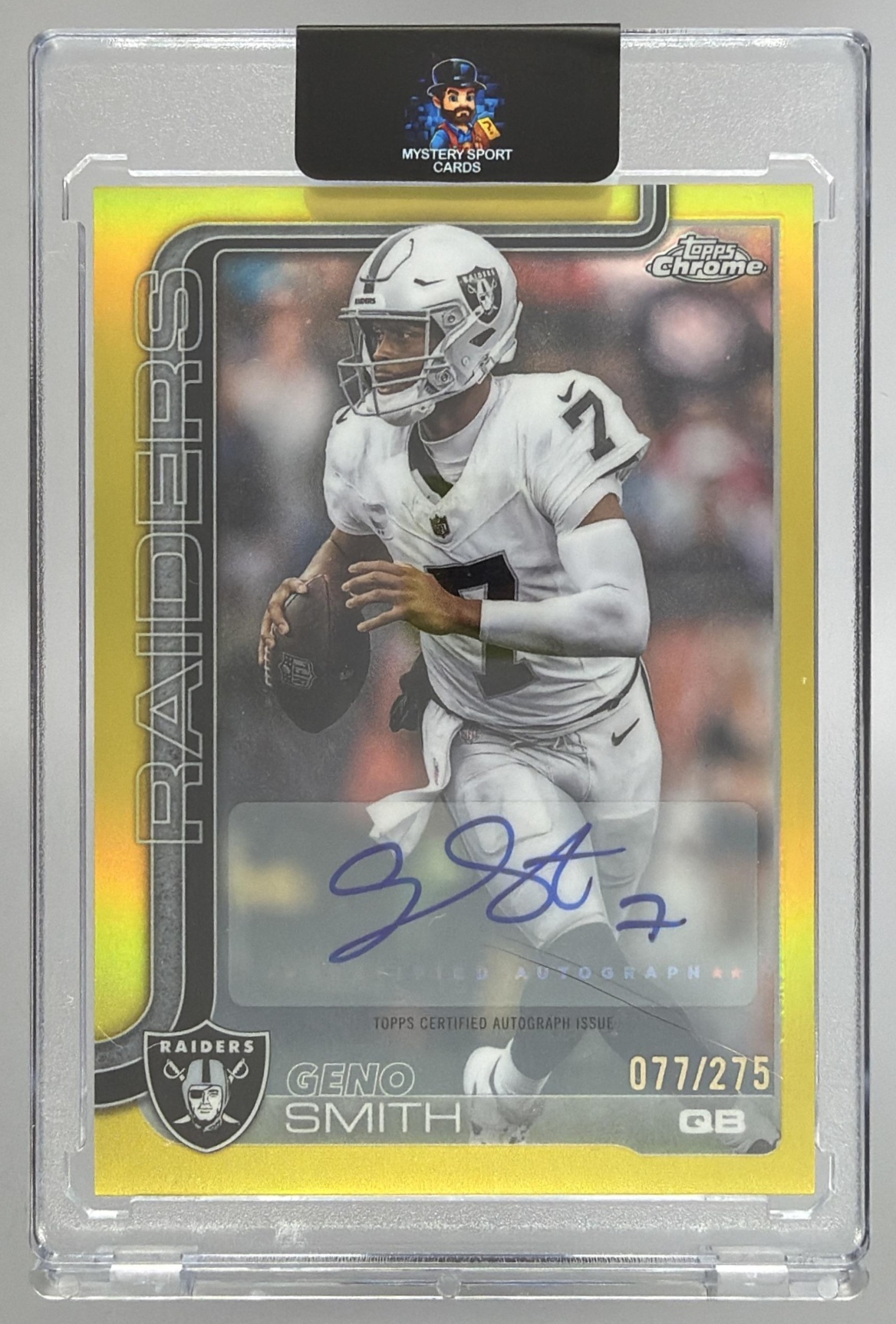 Card image for 2025 Topps Chrome Geno Smith Auto Yellow Refractor /275 #BA-GS Raiders