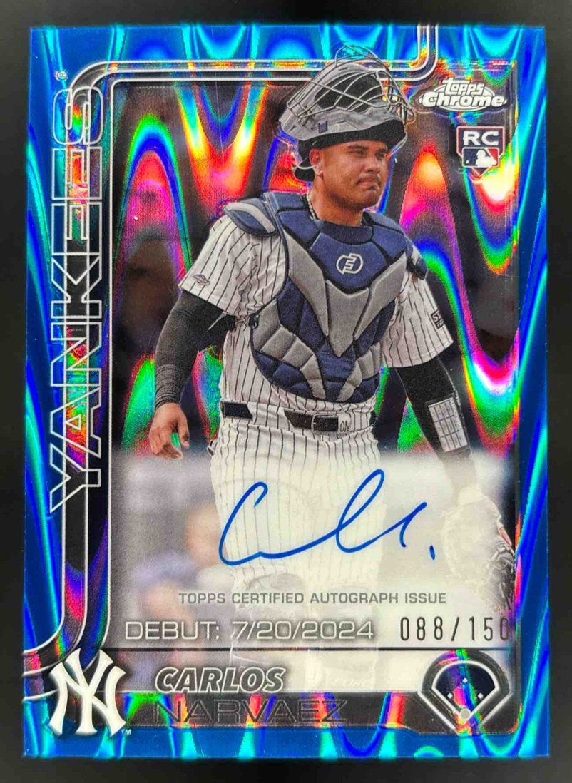 Card image for 2025 Topps Chrome Update Carlos Narvaez Rookie Debut Auto Blue RayWave /150 RC