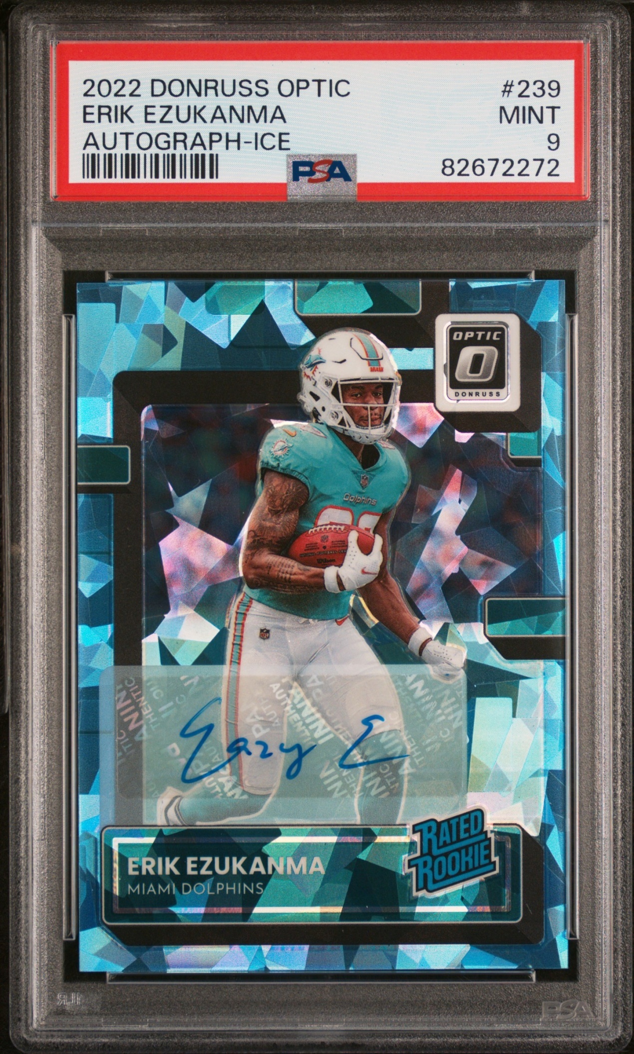 Card image for 2022 Panini Donruss Optic Erik Ezukanma Rated Rookie RPS Auto Ice /15 #239 RC Dolphins