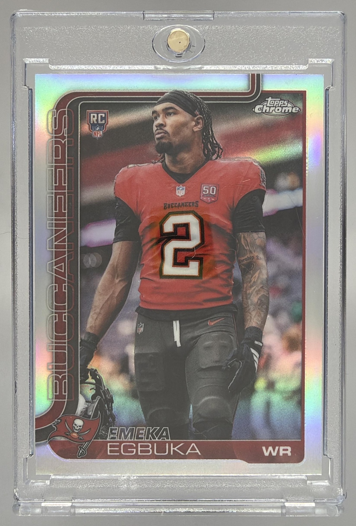 Card image for 2025 Topps Chrome Sapphire Emeka Egbuka Rookie Image Variation #312 SP RC VAR Buccaneers