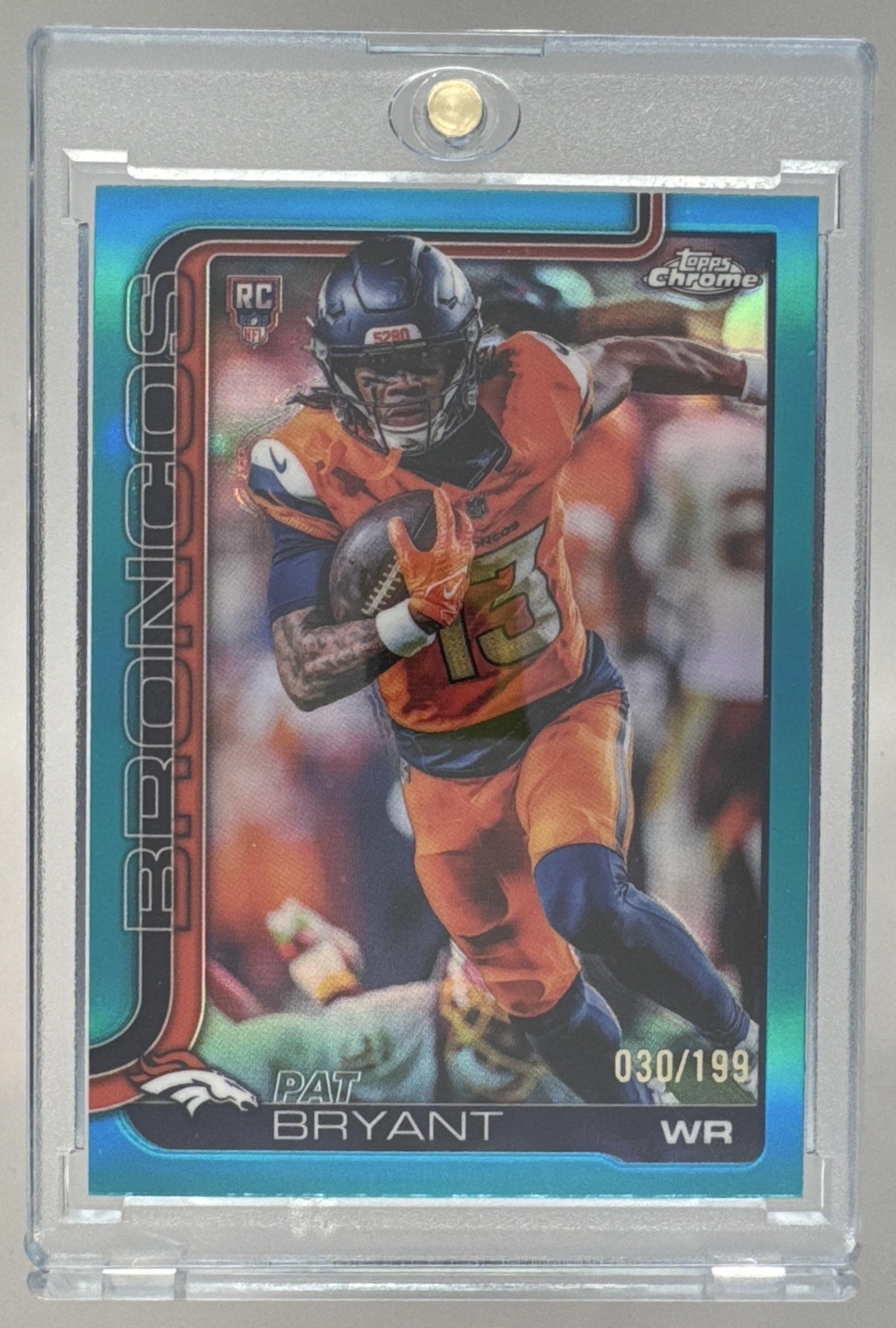 Card image for 2025 Topps Chrome Pat Bryant Rookie Aqua Refractor /199 #313 RC Broncos