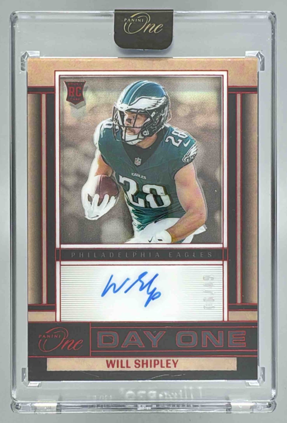 Card image for 2024 Panini Football One Will Shipley Day Auto /99 #141 RC Philadelphia Eagles