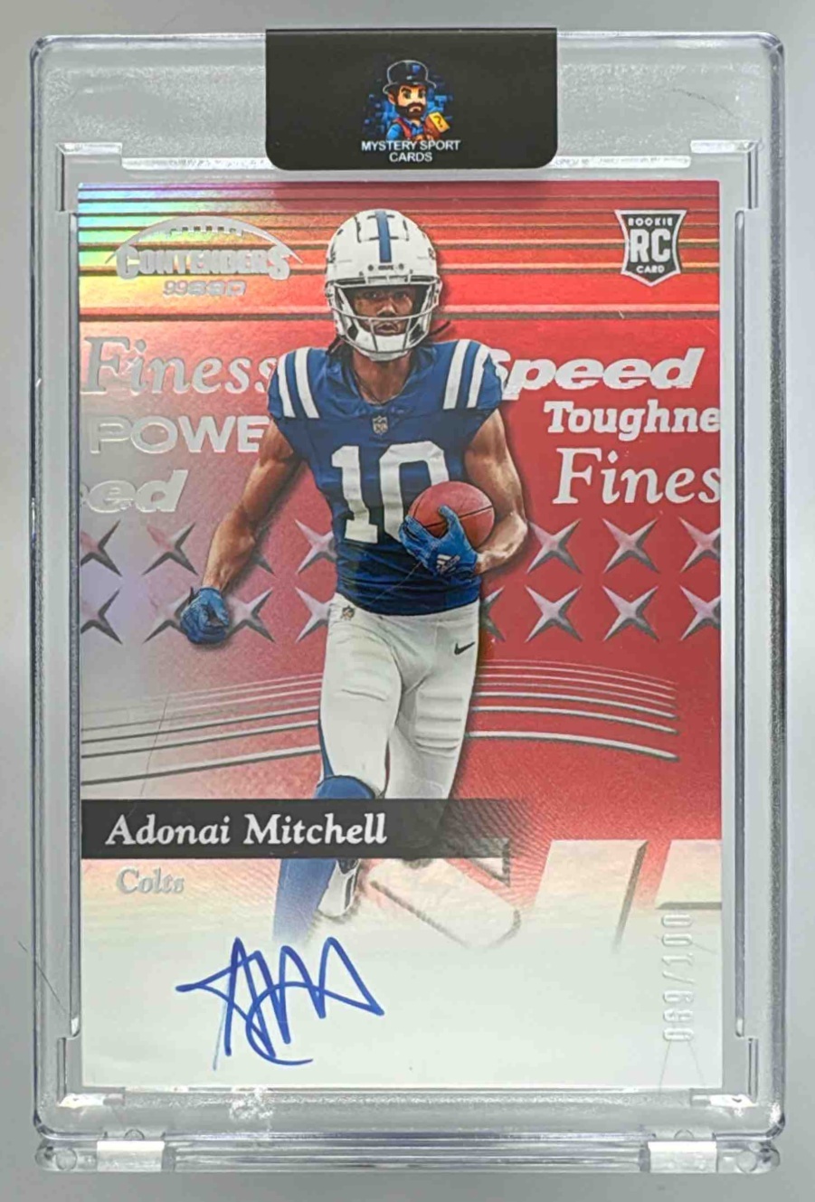 Card image for 2024 Panini Contenders Adonai Mitchell 1999 SSD Auto Speed Red /100 #CS-AML RC Colts