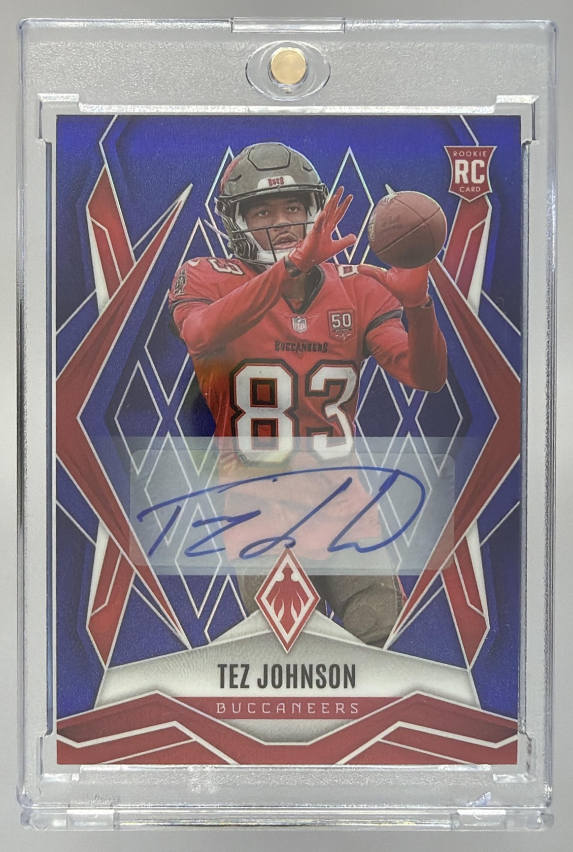 Card image for 2025 Panini Phoenix Tez Johnson Rookies Auto Blue Prizm /49 #166 RC Buccaneers