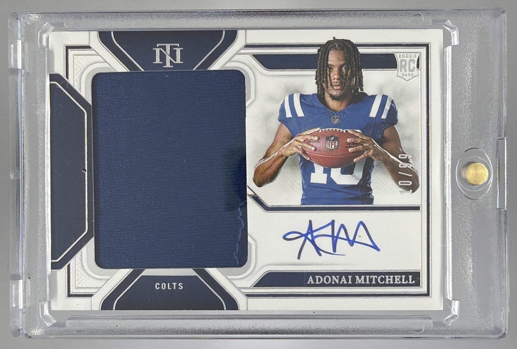Card image for 2025 Panini National Treasures Adonai Mitchell 2024 Playoff Football Rookie Material Signatures RPS #1 Auto Colts