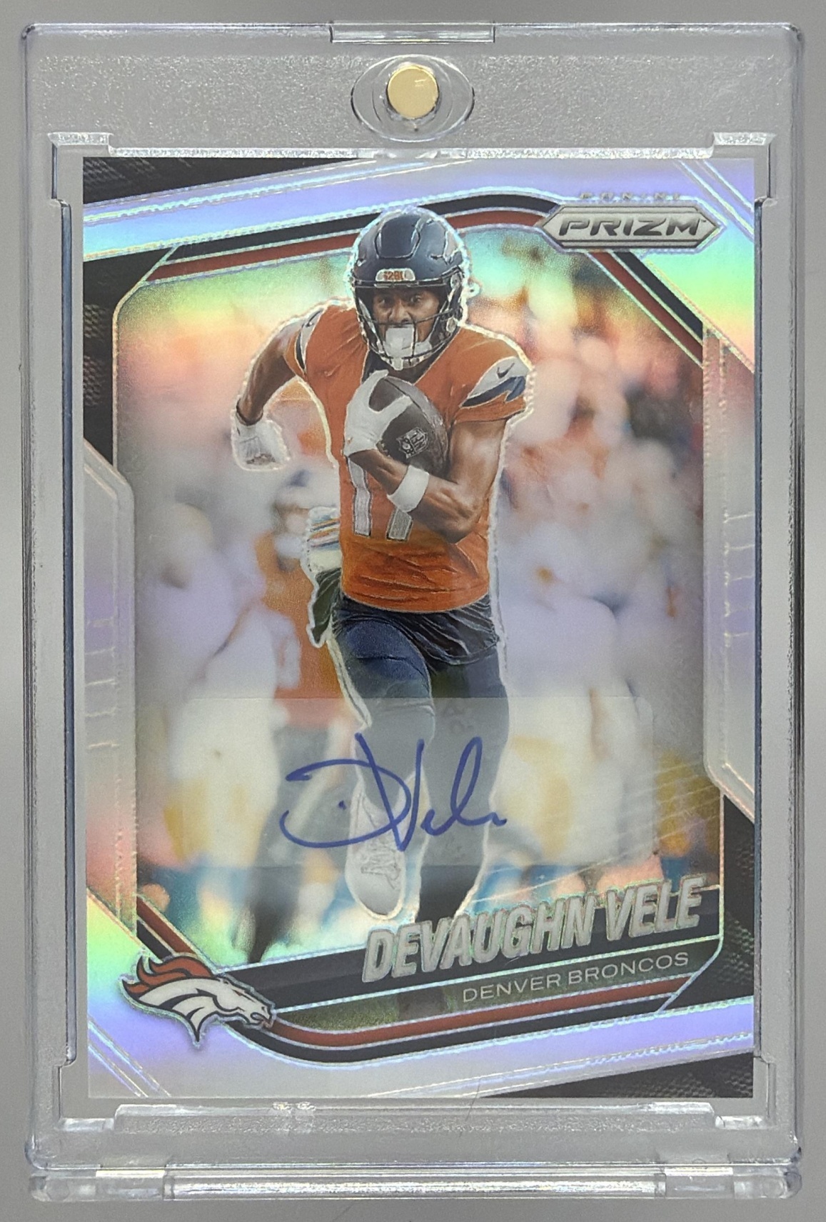 Card image for 2025 Panini Football Prizm Devaughn Vele Auto Silver #54 Denver Broncos