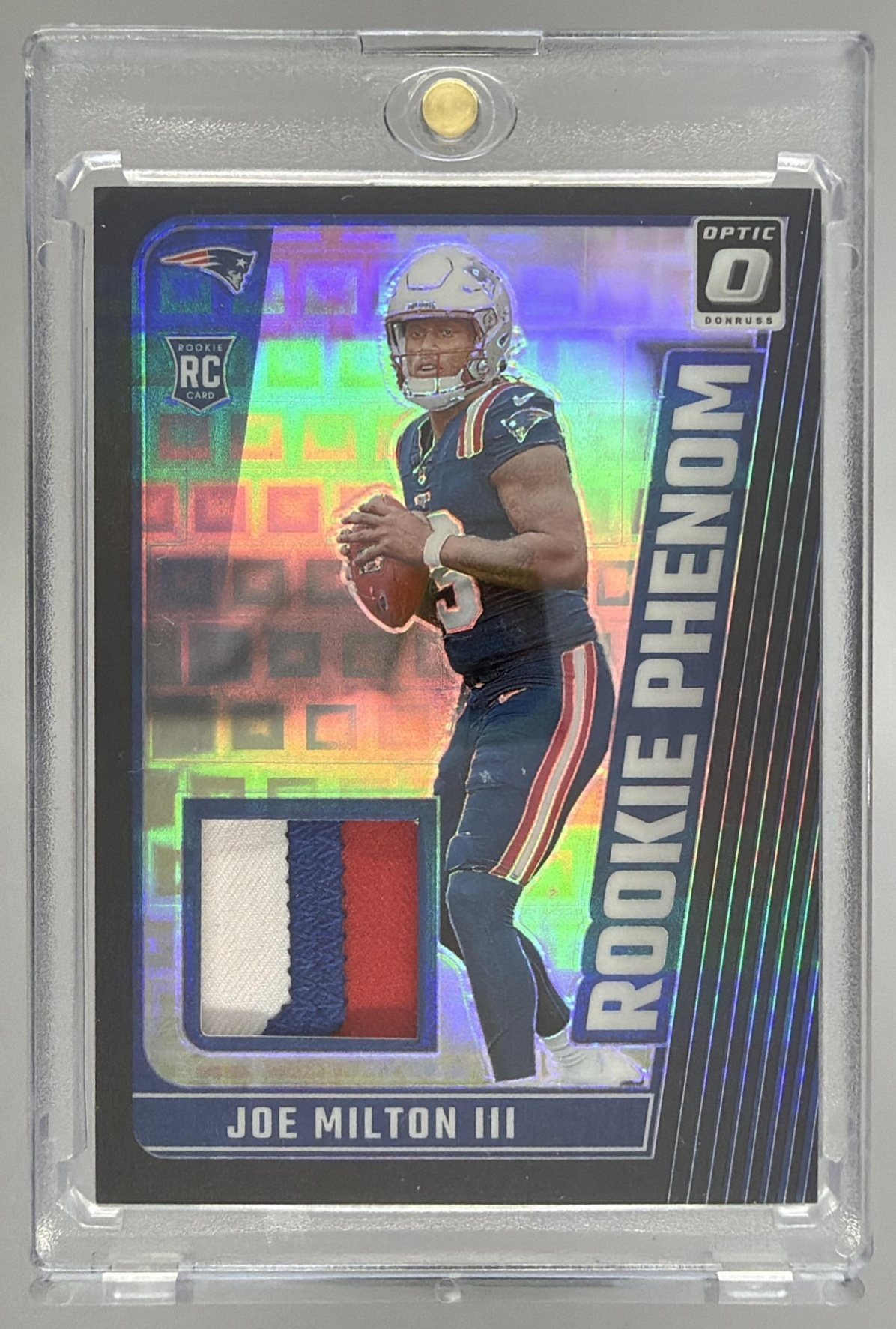 Card image for 2024 Panini Donruss Optic Joe Milton III Rookie Patch Auto /25 #RPA-JMN RC MEM Patriots