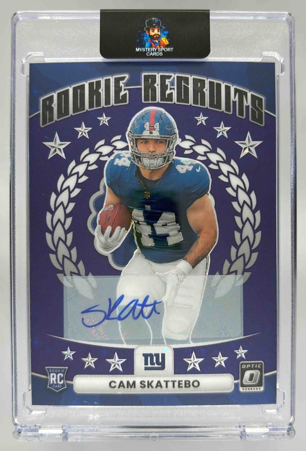 Card image for 2025 Panini Donruss Optic Cam Skattebo Rookie Recruits Auto Purple Stars Prizm /25 #9 RC Giants