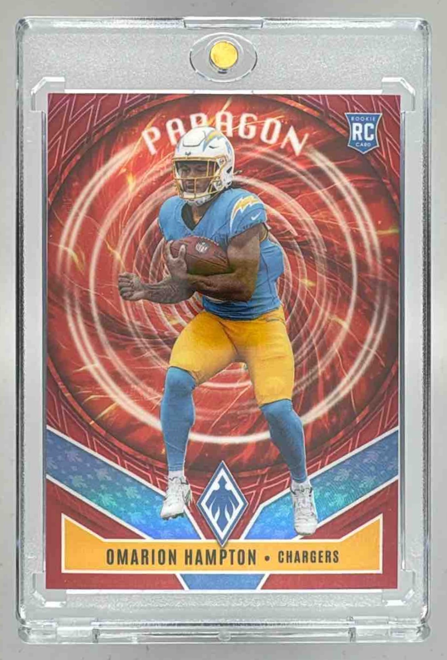 Card image for 2025 Panini Phoenix Omarion Hampton Paragon Red Prizm /249 #9 RC Chargers