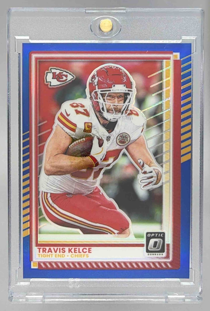 Card image for 2025 Panini Donruss Optic Travis Kelce Blue Prizm /249 #135 Chiefs