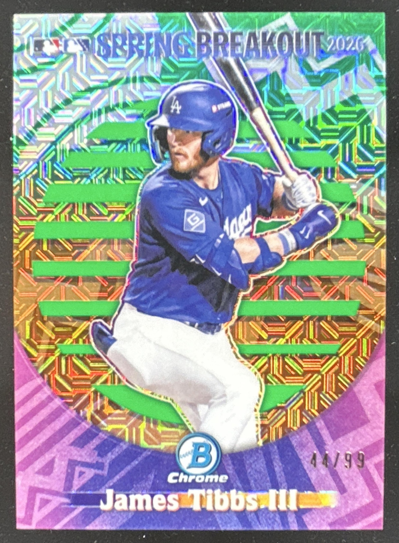 Card image for James Tibbs III 2026 Bowman Chrome Mega Box MLB Spring Breakout Green Mojo Refractor /99