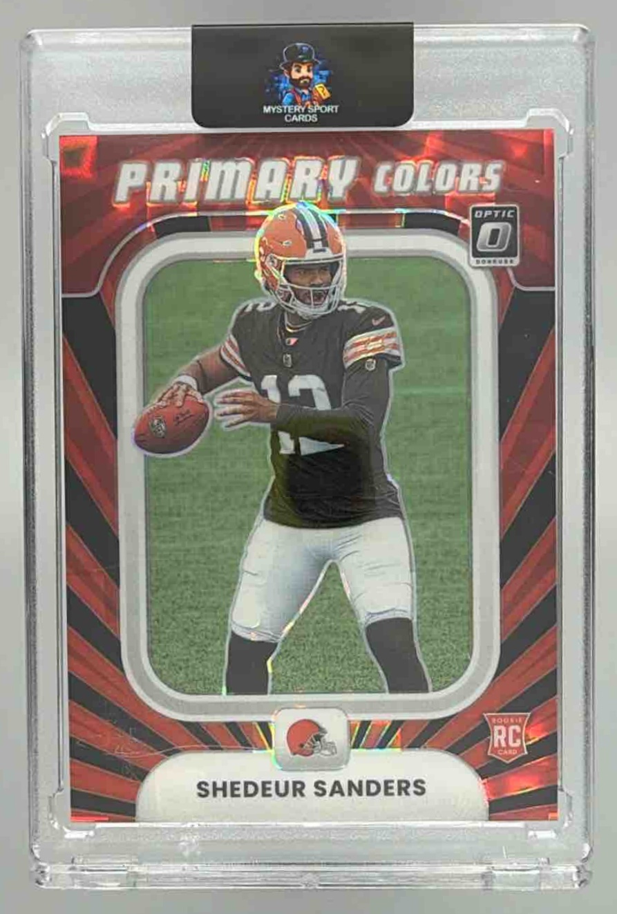 Card image for 2025 Panini Donruss Optic Shedeur Sanders Rookie Primary Colors Black Pandora Prizm /149 #19 RC Browns