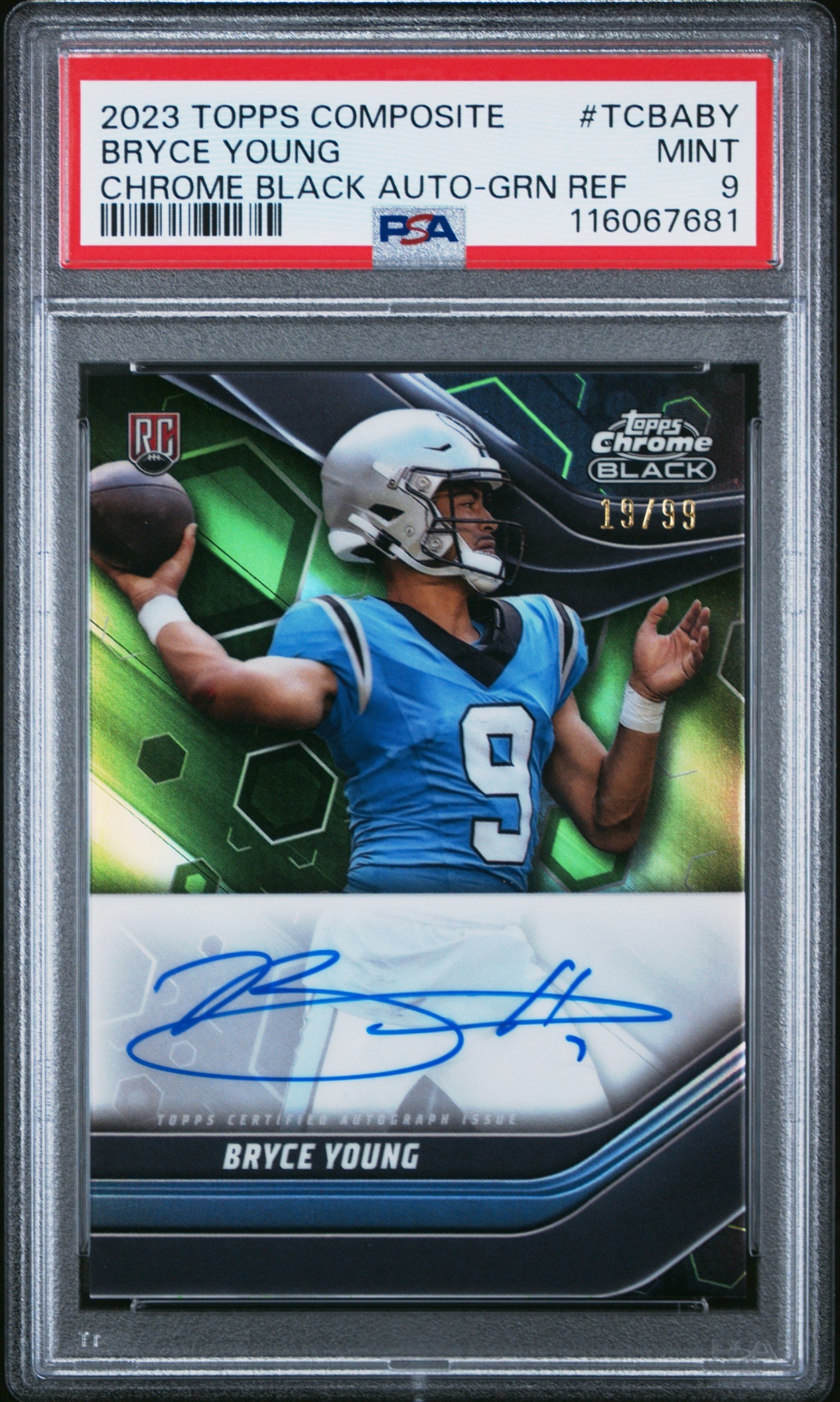 Card image for 2023 Topps Composite Bryce Young Chrome Black Auto Green Refractor /99 #TCBA-BY RC Panthers PSA 9