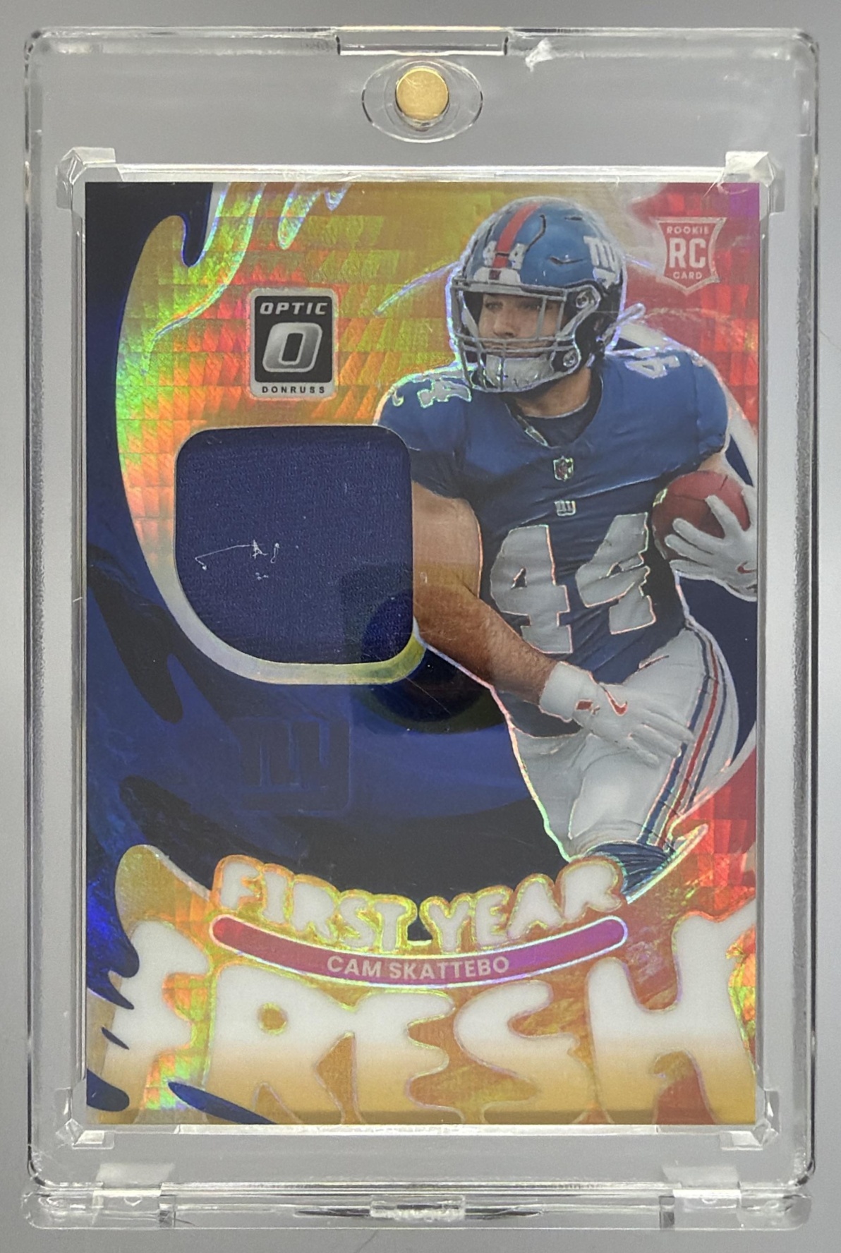 Card image for 2025 Panini Donruss Optic Cam Skattebo First Year Fresh Blue Hyper Prizm #FYFBH-CSO MEM RC Giants