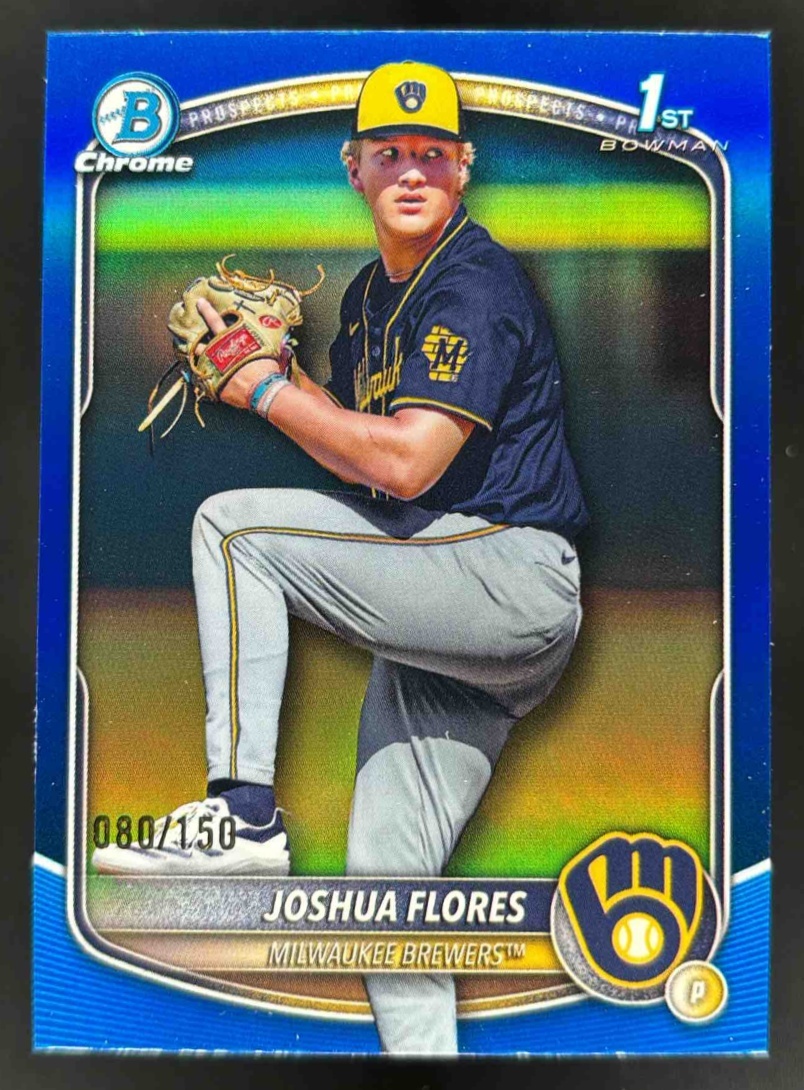 Card image for 2025 Bowman Draft Joshua Flores Chrome Blue Refractor /150 #BDC-82 Brewers