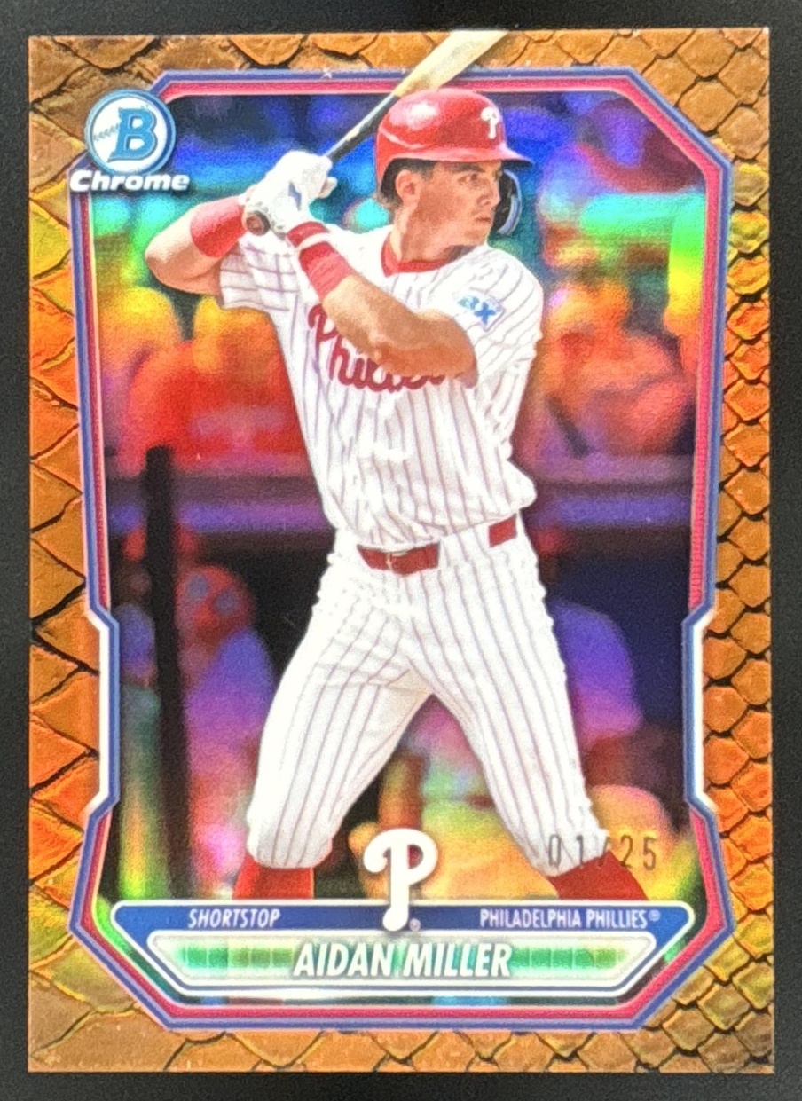 Card image for 2026 Bowman Aidan Miller Chrome Prospects Reptilian Orange Refractor /25